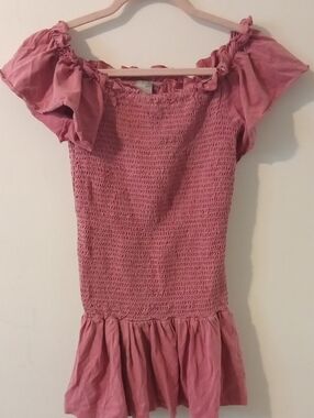 ASOS Pink Smocked Off-Shoulder Ruffle Dress